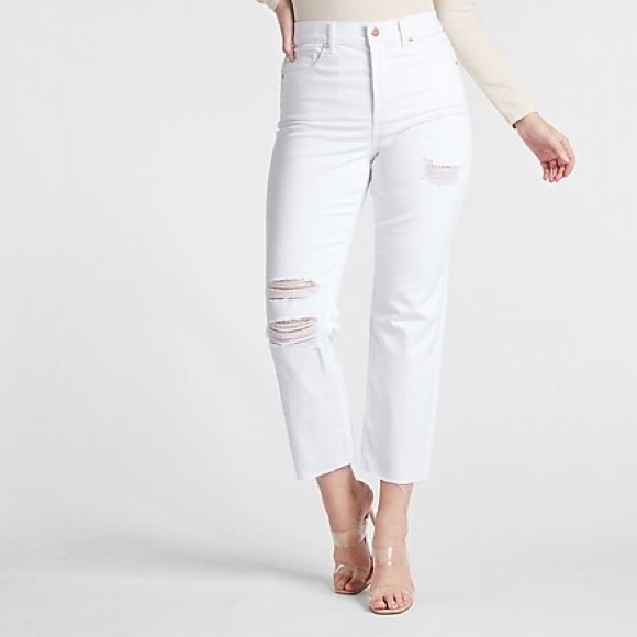Express Style 06710774 High Waisted White Ripped Straight Raw Hem Ankle Jeans 10 - Picture 4 of 16